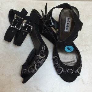 Not Rated black embroidered double buckle sandals6
